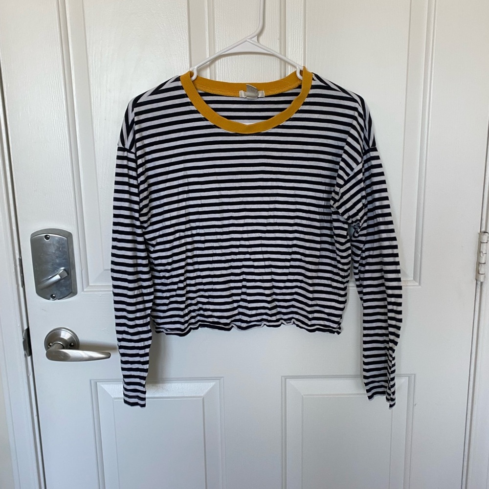 Forever 21 Black & White Striped Crop Top with Mustard Trim